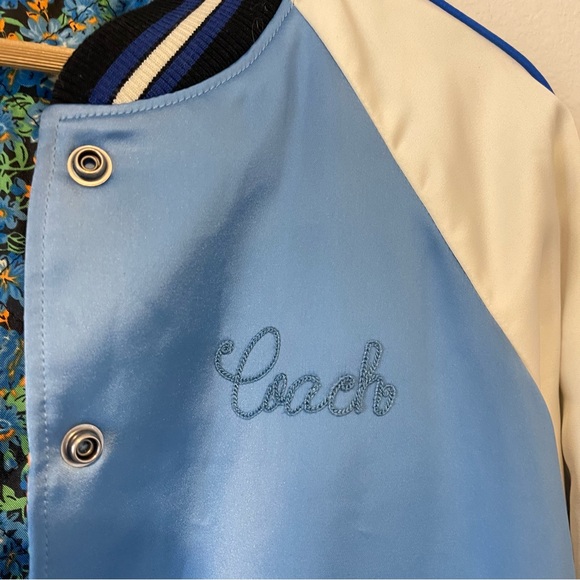 Vintage Coach Reversible Varsity Jacket M/L Blue Satin Bomber Floral Snap *Flaw - Picture 2 of 16